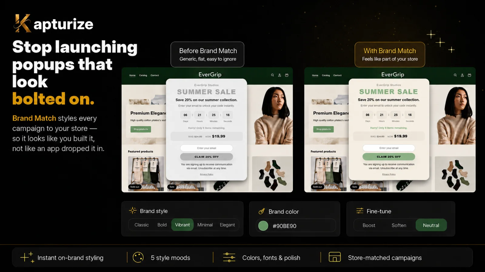 Before and after Brand Match comparison for storefront popups.