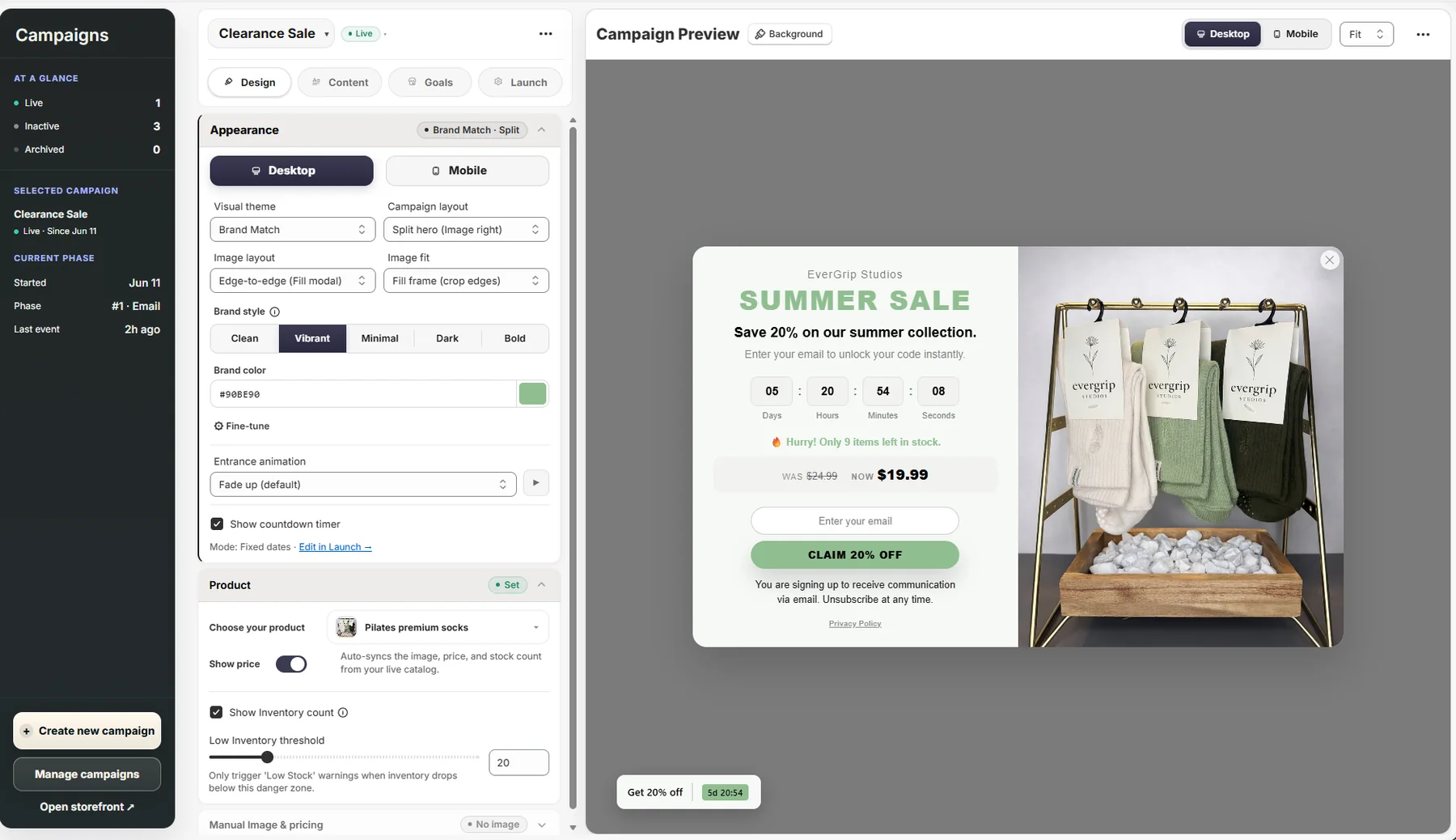 Campaign builder showing Brand Match settings, product selection, stock count, timer, and live popup preview.