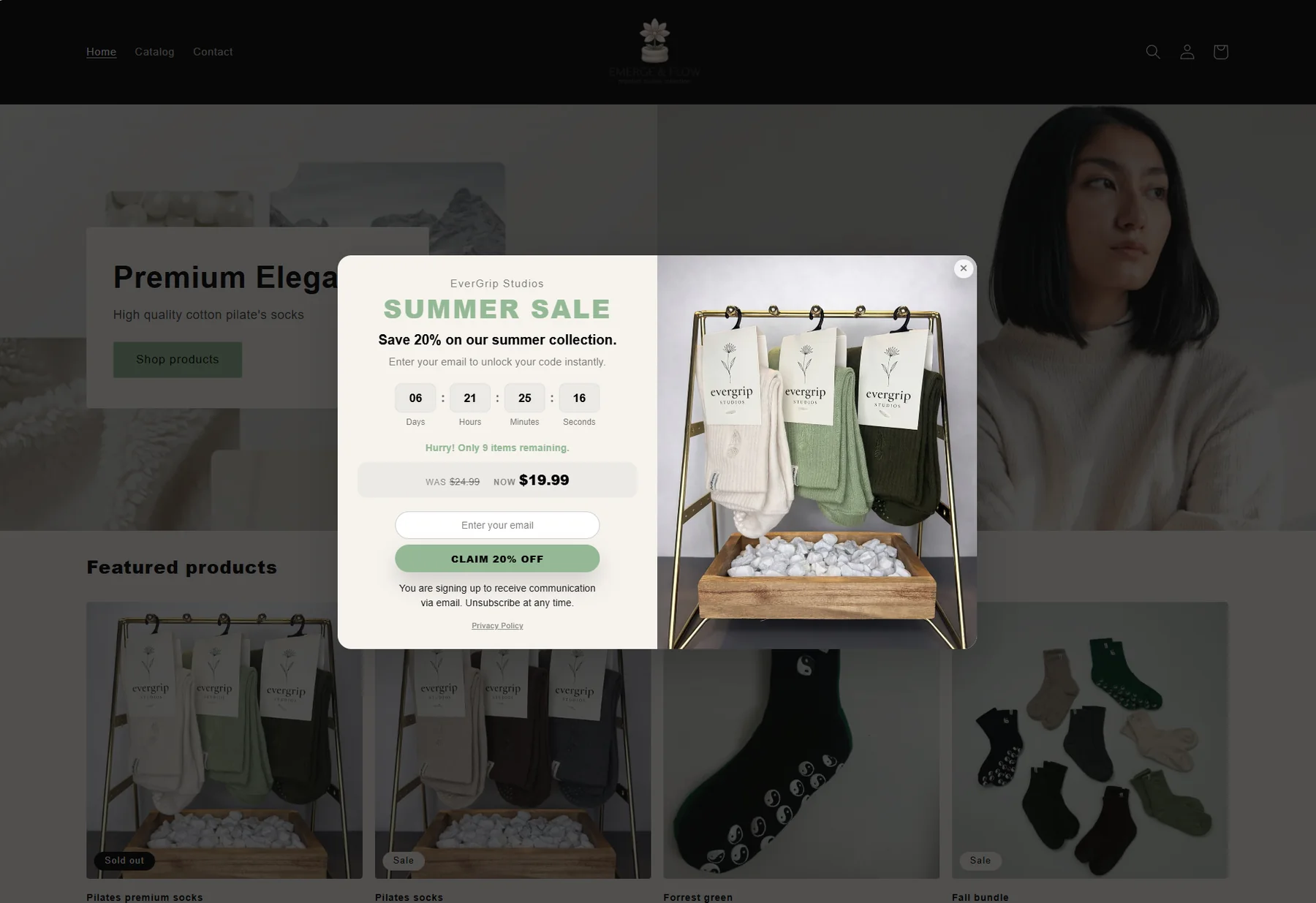 Storefront product popup with image, timer, sale price, email field, and CTA.